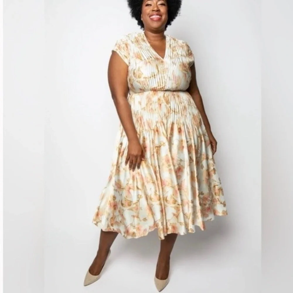 Vince Floral Print Plisse V-Neck Cap Sleeve‎ Midi Dress Plus Size 1X NWT